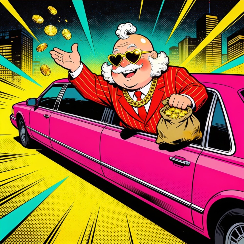 Old Bucks, a cartoon tycoon with white sideburns and gold heart shades, tossing coins from a pink limousine.